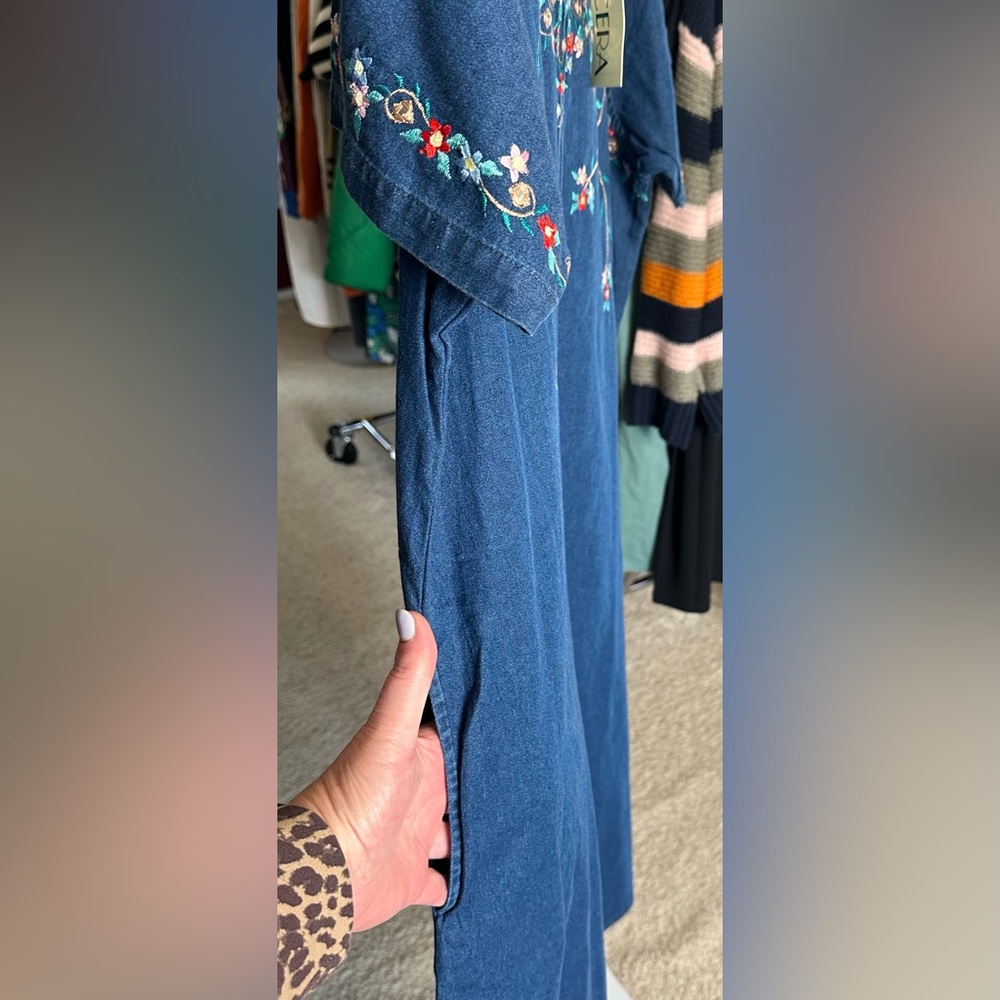 LA CERA Embroidered Denim Blue Cotton Shift Dress NWT Boho Floral Large - Picture 6 of 10